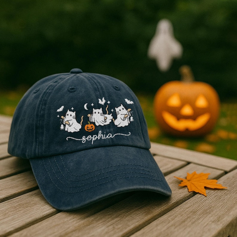 Personalized Halloween Embroidered Hat, Custom Name Halloween Baseball Cap, Halloween Cat Ghost Hat, Spooky Season Gift for Cat Lovers