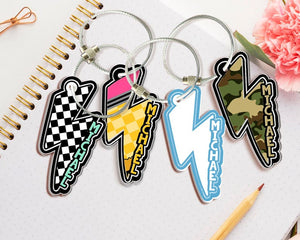Custom Lightning Bolt Name Tag for Boys, Boys Backpack Tag Personalized, Camo Checkered Bolt Keychain for Kid, Back to School Gifts