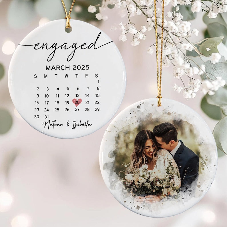 Personalized Engagement Christmas Ornament, Wedding Engaged Calendar Ornament With Photo, Gift For Newly Couple, Mr Mrs Married Ornament