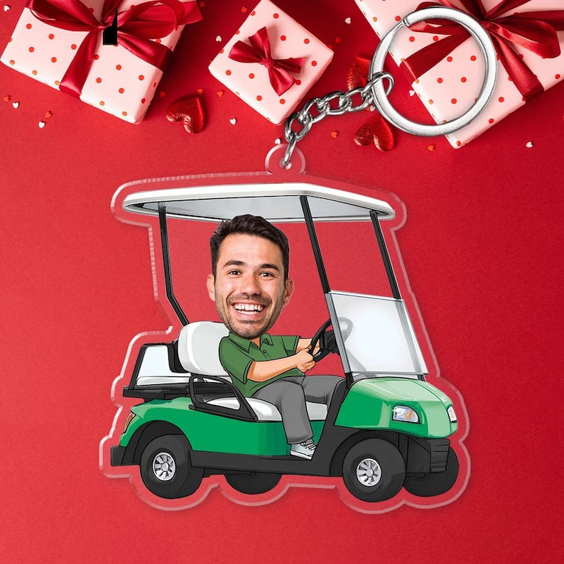 Personalized Photo Golf Cart Keychain, Gift For Dad, Father, Grandpa, Golfer, Golf Lover, Idea First Acrylic Charm Keyring Gift