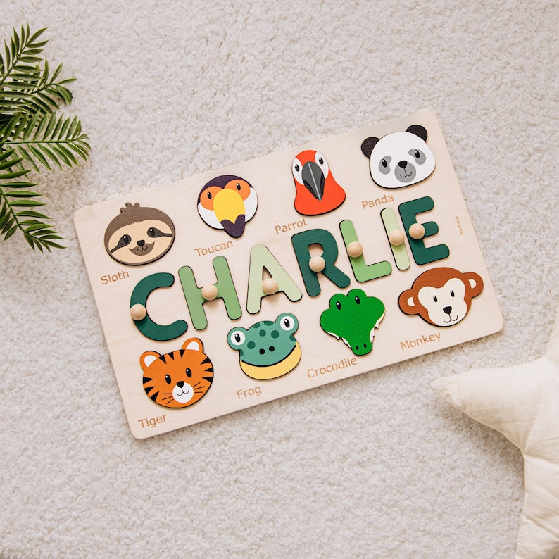 Personalized Name Puzzle with Animals | Baby, Toddler, Kids Toys | Wooden Toys | Baby Shower | Christmas Gifts | First Birthday Girl and Boy