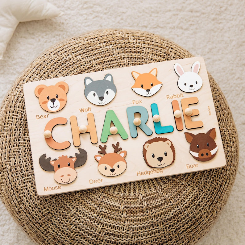 Personalized Name Puzzle with Animals | Baby, Toddler, Kids Toys | Wooden Toys | Baby Shower | Christmas Gifts | First Birthday Girl and Boy