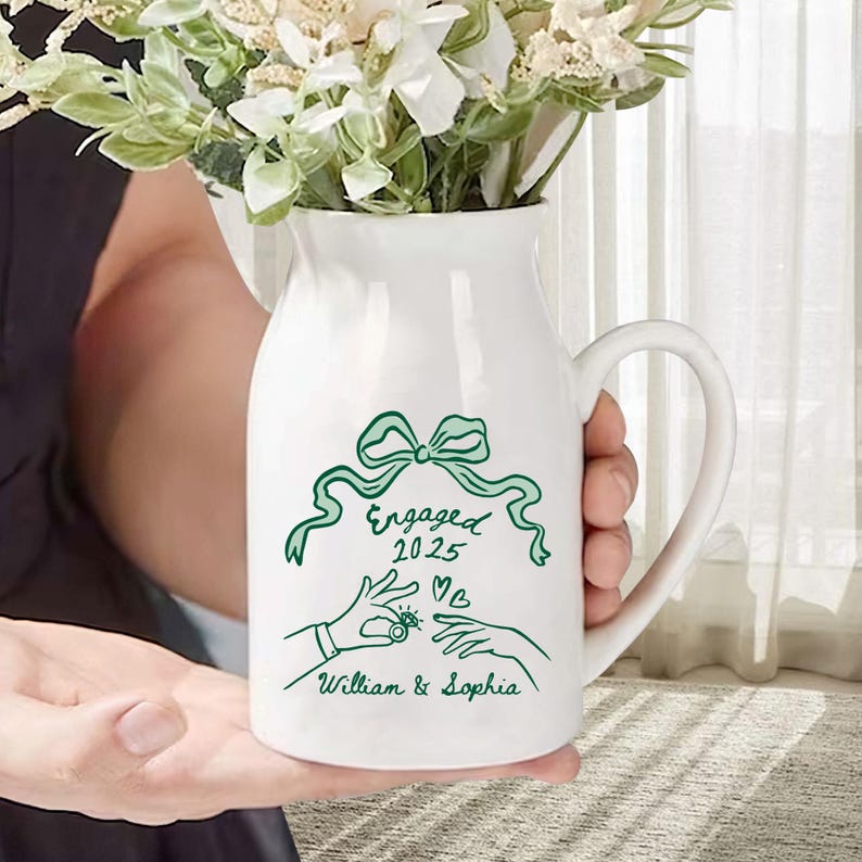Personalized Engaged Ceramic Flower Vase, Engagement Gift For Engaged Couple, Anniversary Gift for Wife, Couples Gift,Wedding Gift for Bride