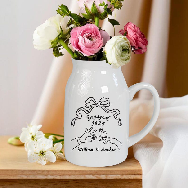 Personalized Engaged Ceramic Flower Vase, Engagement Gift For Engaged Couple, Anniversary Gift for Wife, Couples Gift,Wedding Gift for Bride