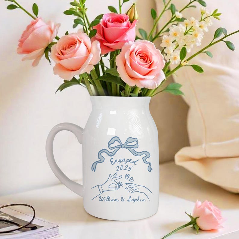 Personalized Engaged Ceramic Flower Vase, Engagement Gift For Engaged Couple, Anniversary Gift for Wife, Couples Gift,Wedding Gift for Bride