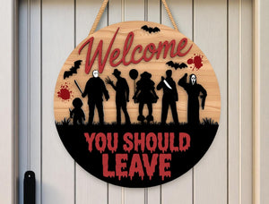 Silhouette Horror Door Sign, You Should Leave Laser Cut, Halloween Creepy Wood Sign, Scary Door Hanger