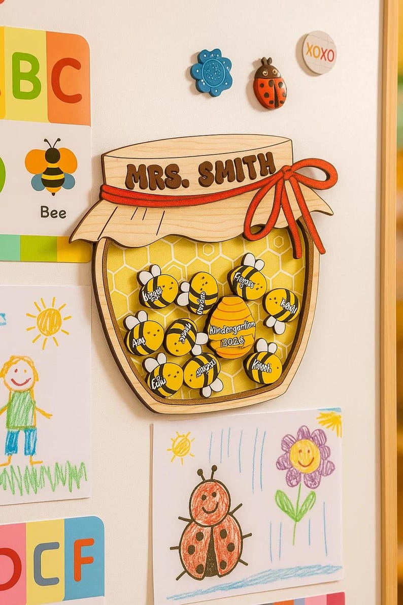 Personalized Wooden Honey Jar Magnet Custom Teacher Gift with Student Bees and Name for Classroom or Fridge Back to School Decor