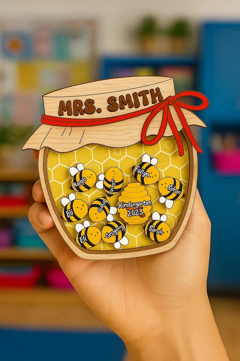 Personalized Wooden Honey Jar Magnet Custom Teacher Gift with Student Bees and Name for Classroom or Fridge Back to School Decor