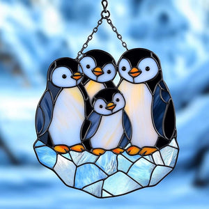 Penguin Family Faux Acrylic Suncatcher - Winter Window Hanging Decor, Cute Animal Gift for Kids & Nature Lovers