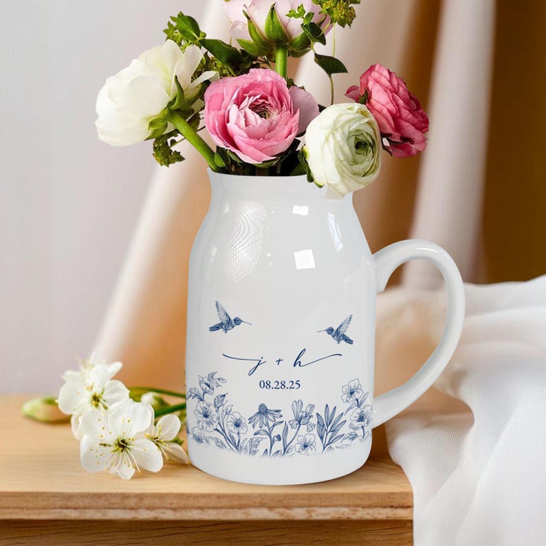 Custom Engaged Ceramic Flower Vase, Toile De Jouy Engagement Keepsake, Engagement Gift, Anniversary Wedding Gift Couple, Bridal Shower Gift