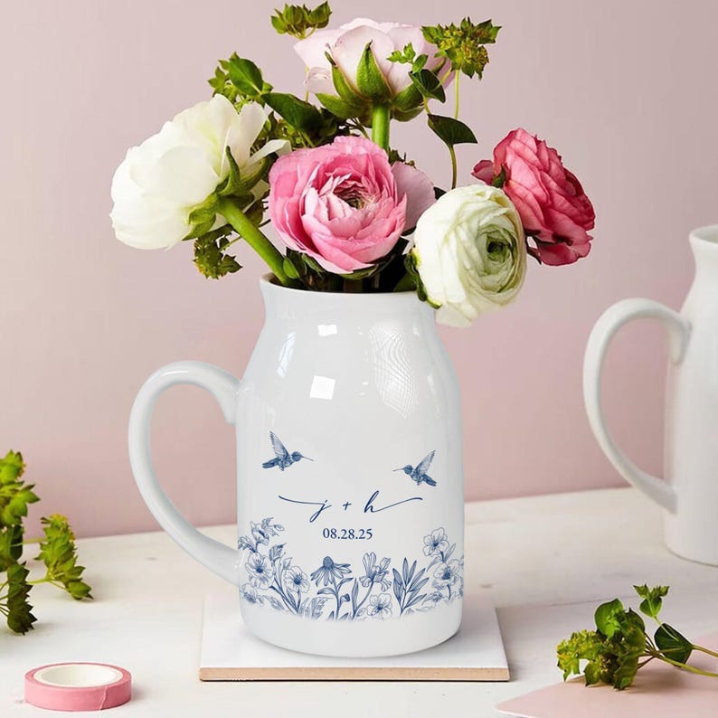 Custom Engaged Ceramic Flower Vase, Toile De Jouy Engagement Keepsake, Engagement Gift, Anniversary Wedding Gift Couple, Bridal Shower Gift