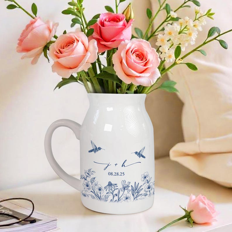 Custom Engaged Ceramic Flower Vase, Toile De Jouy Engagement Keepsake, Engagement Gift, Anniversary Wedding Gift Couple, Bridal Shower Gift