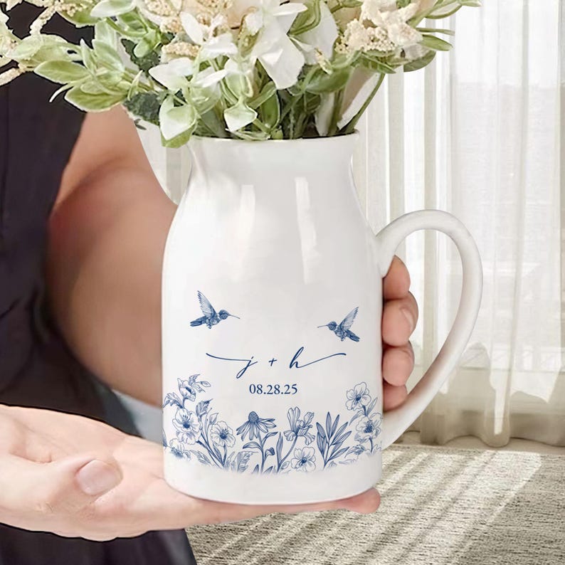 Custom Engaged Ceramic Flower Vase, Toile De Jouy Engagement Keepsake, Engagement Gift, Anniversary Wedding Gift Couple, Bridal Shower Gift