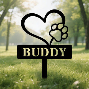 Personalized Metal Dog Memorial Stake: Garden Grave Marker, Heart With Tiny Paw, Pet Marker