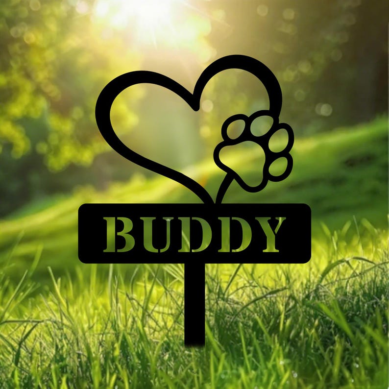 Personalized Metal Dog Memorial Stake: Garden Grave Marker, Heart With Tiny Paw, Pet Marker