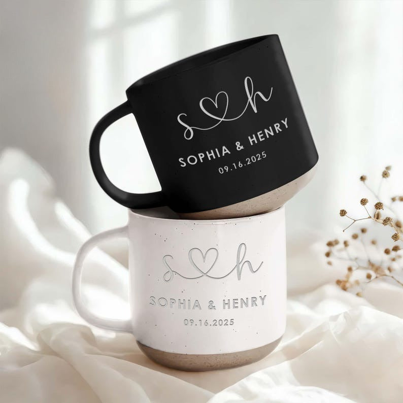 Personalised Engraved Engagement Pottery Mug, Engagement Pottery Mug, Wedding Gifts for Couple, Bridal Shower Gifts, Mr and Mrs Mug Gifts