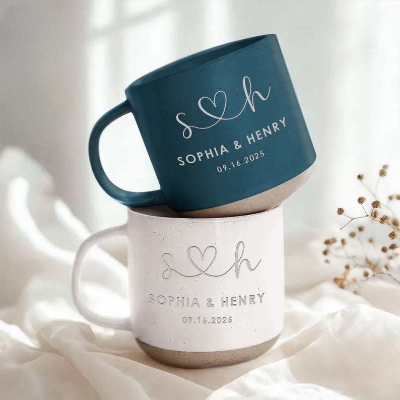 Personalised Engraved Engagement Pottery Mug, Engagement Pottery Mug, Wedding Gifts for Couple, Bridal Shower Gifts, Mr and Mrs Mug Gifts