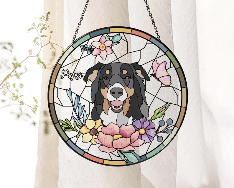 Custom Pet Stained Glass Suncatcher, Personalized Dog Memorial Portrait Suncatcher, Dog Cat Loss Glass Suncatcher, Pet Memorial Gift