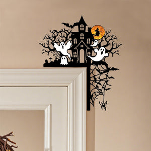 Halloween Metal Corner Sign, Halloween Silhouette, Haunted Mansion with Ghost Door Topper, Halloween Gift, Halloween Decor