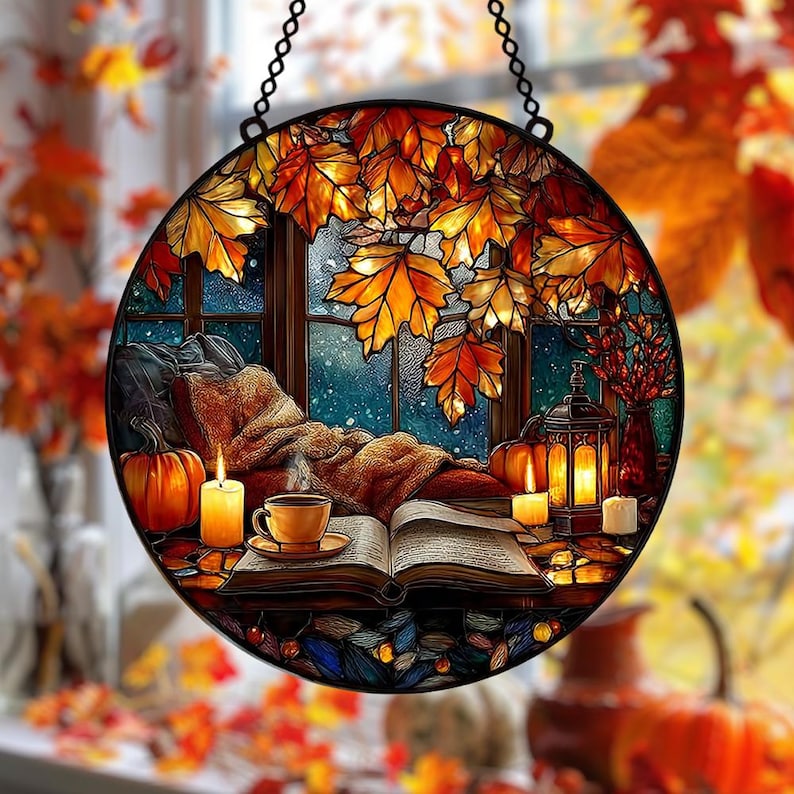 Cozy Autumn Window Acrylic Suncatcher, Pumpkin Candle Faux Stained Glass Hanging, Book Lover Fall Decor Gift, Autumn Window Decor