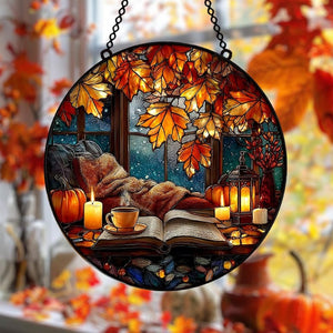 Cozy Autumn Window Acrylic Suncatcher, Pumpkin Candle Faux Stained Glass Hanging, Book Lover Fall Decor Gift, Autumn Window Decor