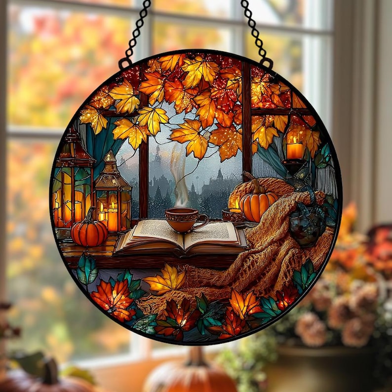 Cozy Autumn Window Acrylic Suncatcher, Pumpkin Candle Faux Stained Glass Hanging, Book Lover Fall Decor Gift, Autumn Window Decor