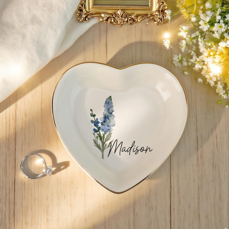 Personalised Birth Flower Trinket Dish, Custom Watercolor Flower Ring Dish, Birthday Jewelry Dish, Wedding Bridesmaid Gift, Christmas Gifts