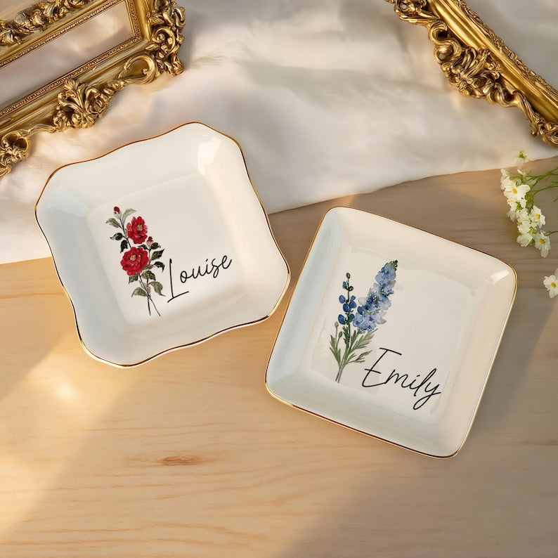 Personalised Birth Flower Trinket Dish, Custom Watercolor Flower Ring Dish, Birthday Jewelry Dish, Wedding Bridesmaid Gift, Christmas Gifts