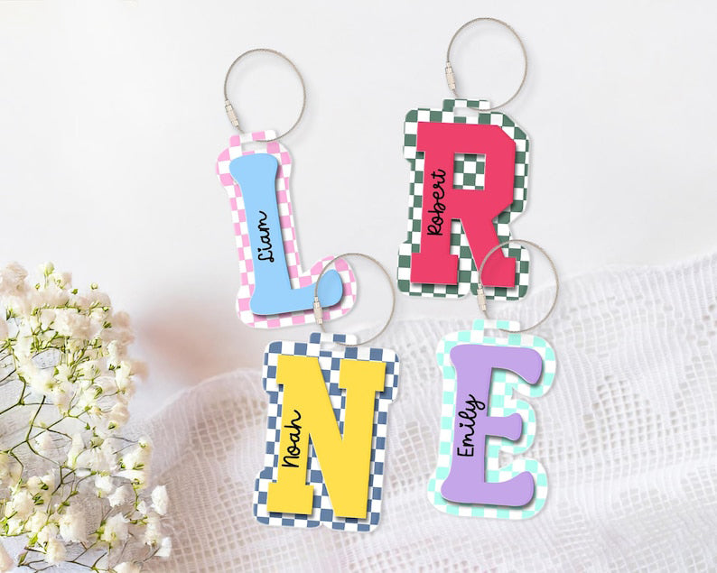 Acrylic Checkered Keychain, Water Bottle Name Tag, Personalized Kids Name Bag Tag for Boy, Sports Keychain Back to School Gift, 3D Name Tag