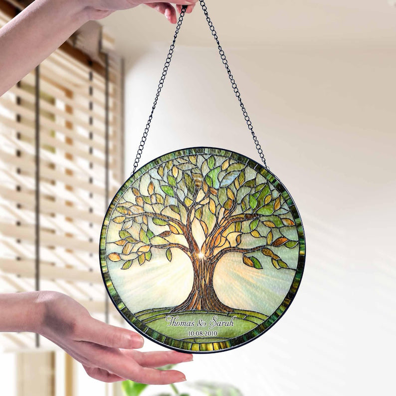 Personalized Tree of Life Glass Suncatcher, Custom Names & Date Wedding Anniversary Gift, Wedding Keepsake for Her, Anniversary Window Decor