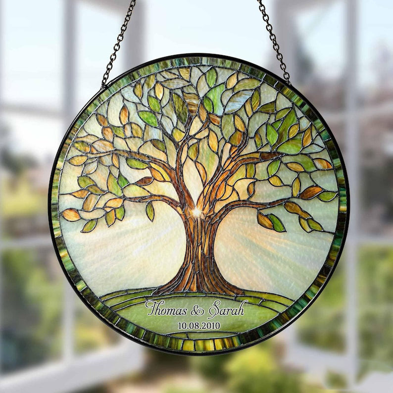 Personalized Tree of Life Glass Suncatcher, Custom Names & Date Wedding Anniversary Gift, Wedding Keepsake for Her, Anniversary Window Decor