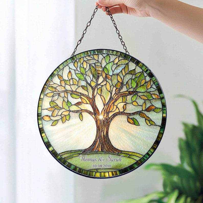 Personalized Tree of Life Glass Suncatcher, Custom Names & Date Wedding Anniversary Gift, Wedding Keepsake for Her, Anniversary Window Decor
