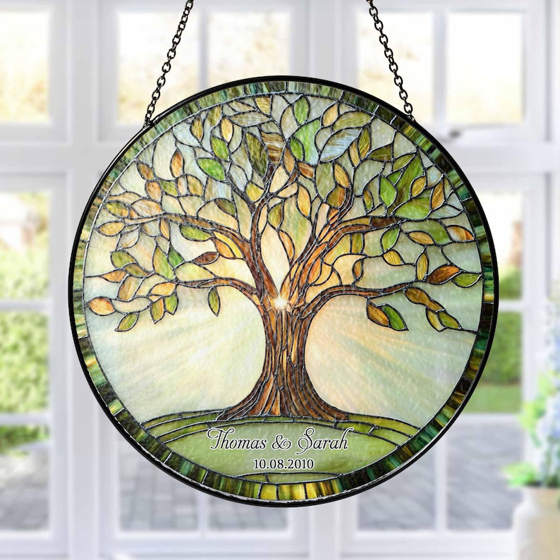 Personalized Tree of Life Glass Suncatcher, Custom Names & Date Wedding Anniversary Gift, Wedding Keepsake for Her, Anniversary Window Decor