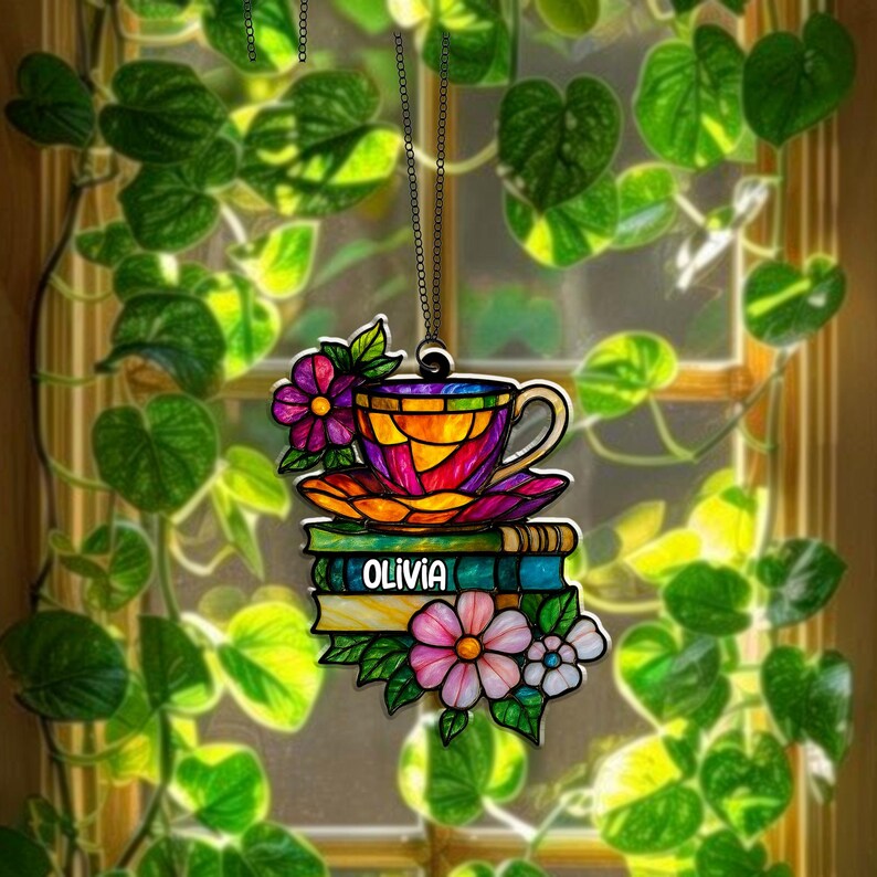 Tea and Books Acrylic Suncatcher, Custom Bookshelf Ornament, Faux Acrylic Window Hanging, Cozy Gift for Book Lovers, Light Catcher