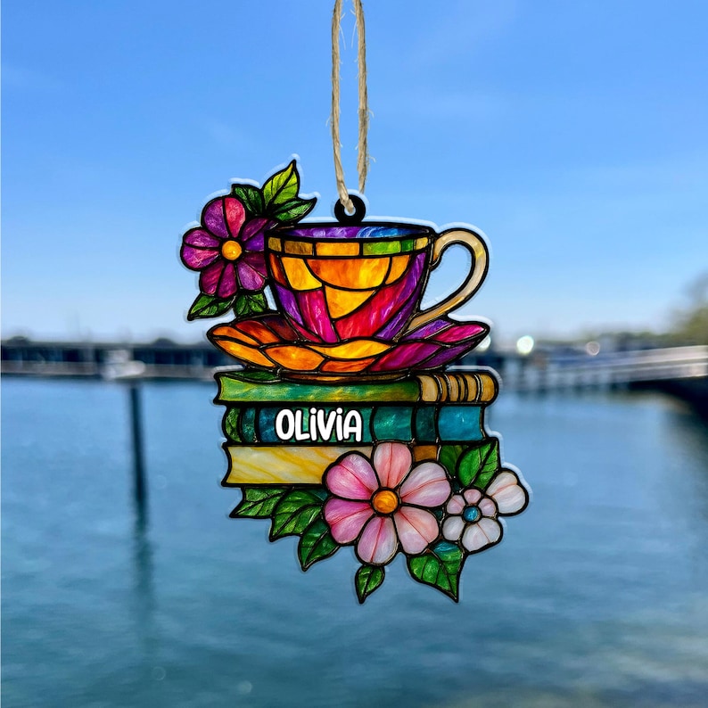 Tea and Books Acrylic Suncatcher, Custom Bookshelf Ornament, Faux Acrylic Window Hanging, Cozy Gift for Book Lovers, Light Catcher