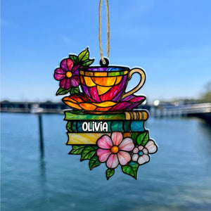 Tea and Books Acrylic Suncatcher, Custom Bookshelf Ornament, Faux Stained Glass Window Hanging, Cozy Gift for Book Lovers, Light Catcher