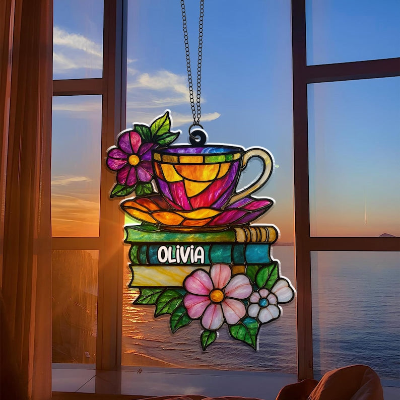 Tea and Books Acrylic Suncatcher, Custom Bookshelf Ornament, Faux Acrylic Window Hanging, Cozy Gift for Book Lovers, Light Catcher