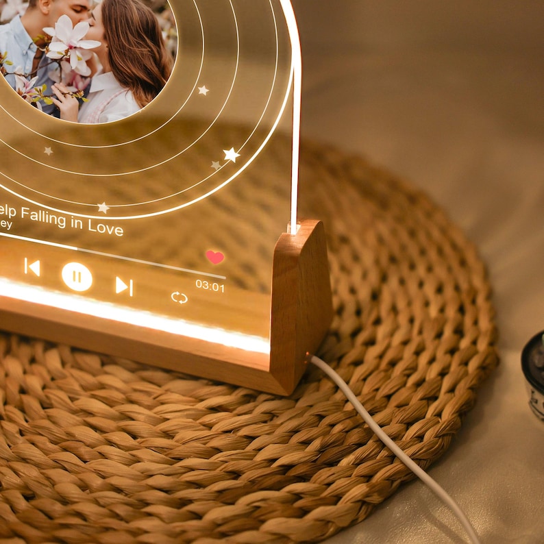 Personalized Vinyl Record with Photo Night Light, Acrylic Song Plaque, Anniversary Gift for Her, Birthday Gift for Her Him, Bedside Lamp