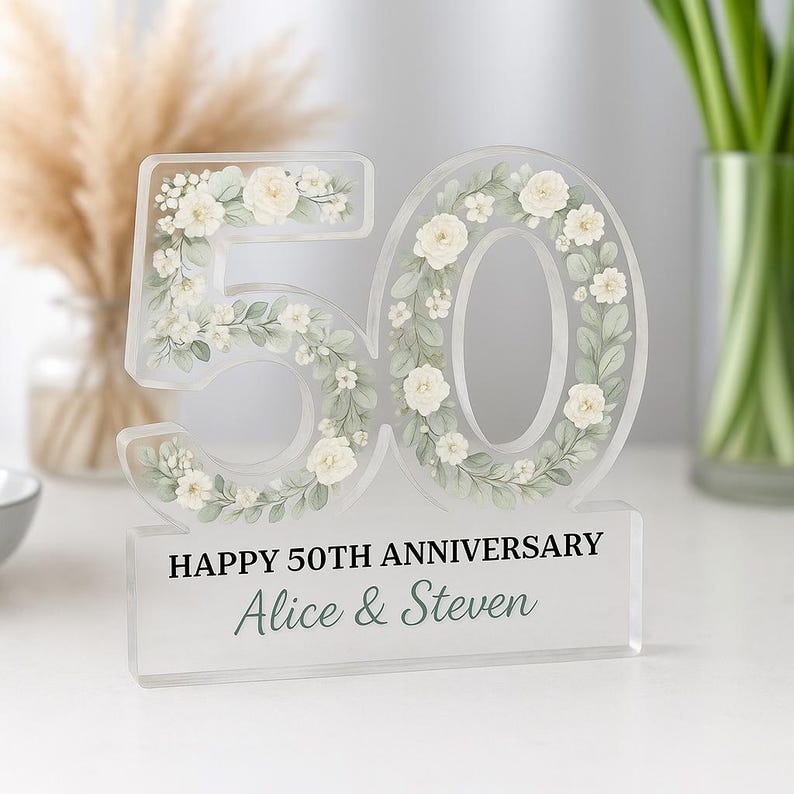 Personalized 50th Anniversary Gift for Couple | Golden Wedding Acrylic Keepsake | Custom Floral Decor | Wedding Love Husband & Wife Gift