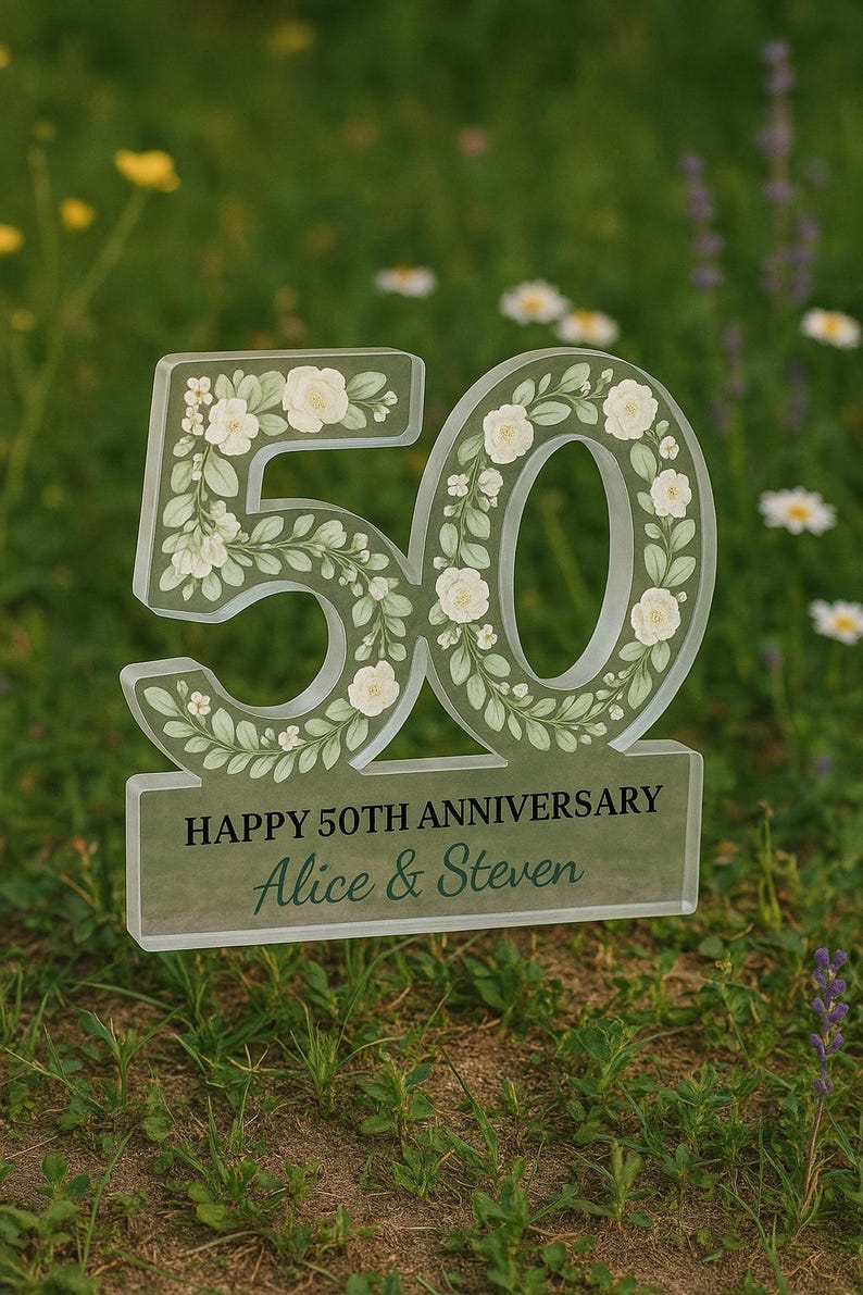 Personalized 50th Anniversary Gift for Couple | Golden Wedding Acrylic Keepsake | Custom Floral Decor | Wedding Love Husband & Wife Gift