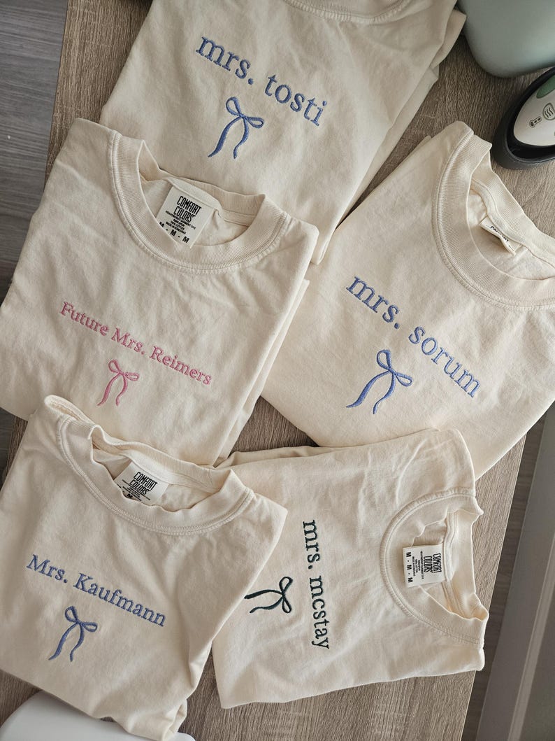 Embroidery Custom Mrs. Bride Shirt, Bride Gift, Wedding shirt, Engagement gift, Bachelorete party tee, Gift for her, Coquette bow bride tee. il_794xN.7033734724_4il1.jpg
