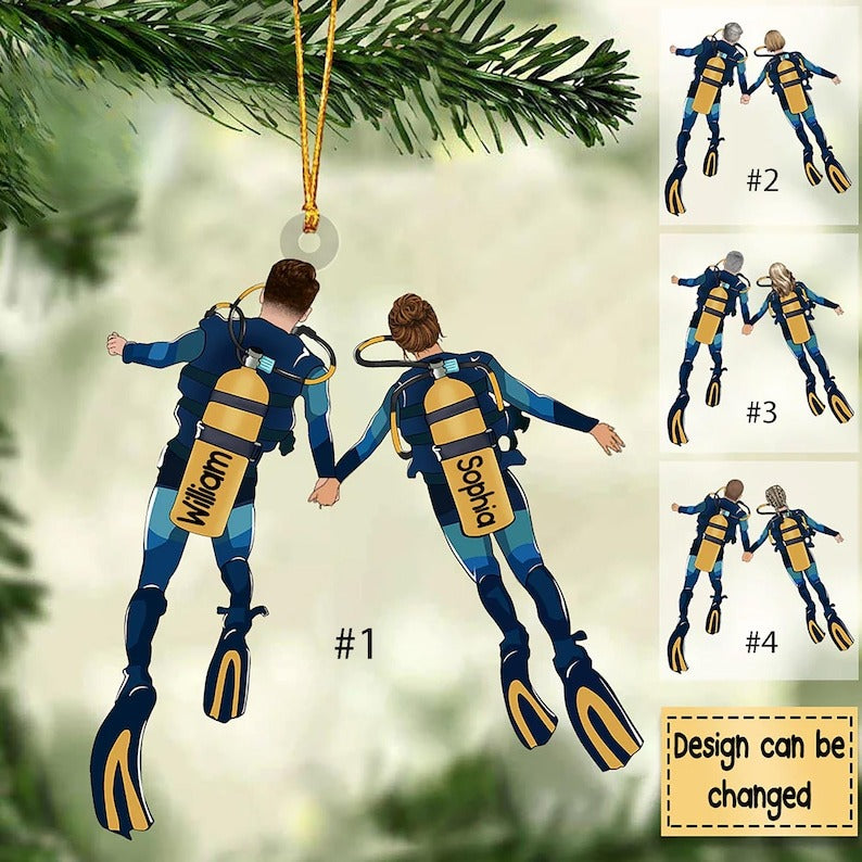 Personalized Scuba Diving Couples Ornament, Scuba Diver Gift, Scuba Diving Ornament, Custom Flat Acrylic Ornament, Christmas Scuba Ornament