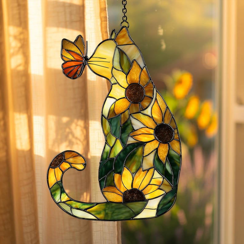 Sunflower Cat FAUX Window Hanging, Window Hanging Decor, Sunflower Cat ACRYLIC Suncatcher, Floral Cat Suncatcher Gift For Cat Lovers