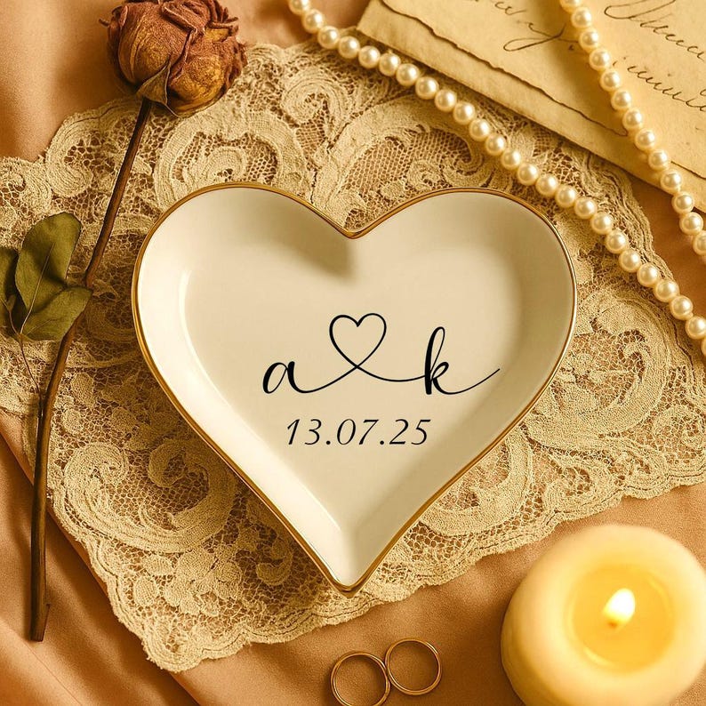 Personalized Engagement Ring Dish, Initials Heart Date Ring Dish, Gift For Bride and Groom, Custom Anniversary Gift Couples Anniversary Gift