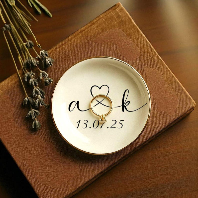 Personalized Engagement Ring Dish, Initials Heart Date Ring Dish, Gift For Bride and Groom, Custom Anniversary Gift Couples Anniversary Gift