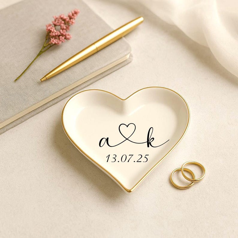 Personalized Engagement Ring Dish, Initials Heart Date Ring Dish, Gift For Bride and Groom, Custom Anniversary Gift Couples Anniversary Gift