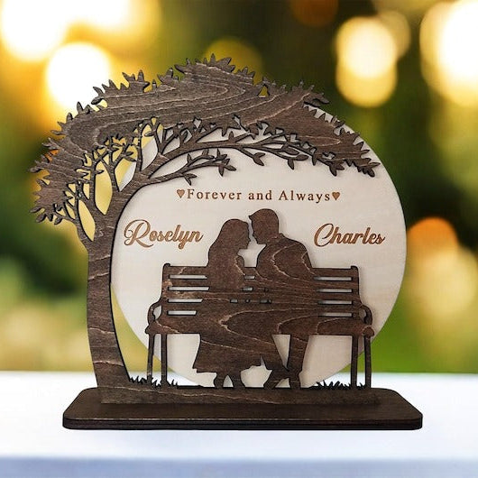 Couple on Bench with Moon - Personalized Romantic Sign , Wooden Love Decor for Wedding & Valentine's Gift