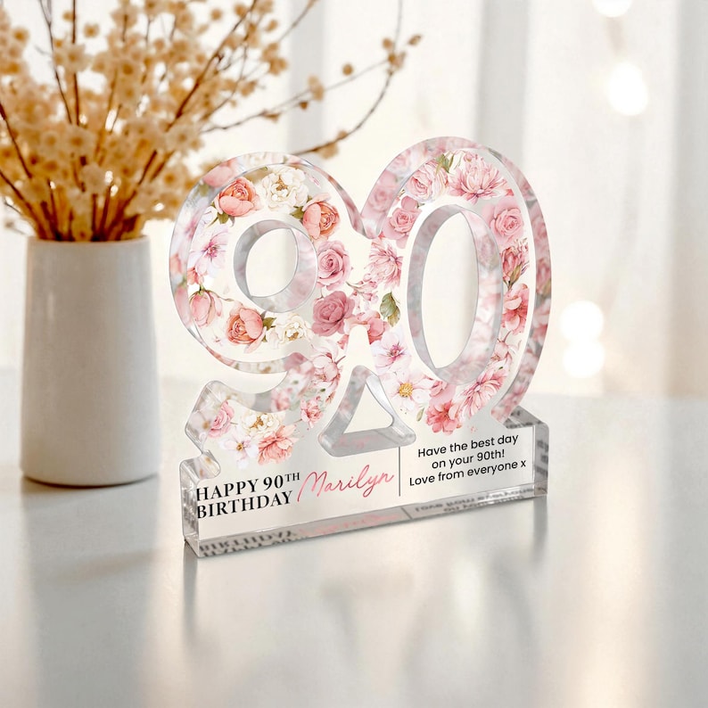 Personalised 90th Birthday Gift Plaque, Happy 90th Birthday Gift For Her, 90th Birthday Gifts, Floral 90th Gift, Gift for Mum Nanny