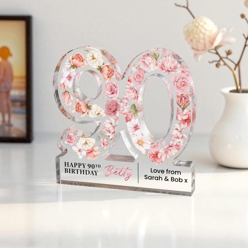Personalised 90th Birthday Gift Plaque, Happy 90th Birthday Gift For Her, 90th Birthday Gifts, Floral 90th Gift, Gift for Mum Nan