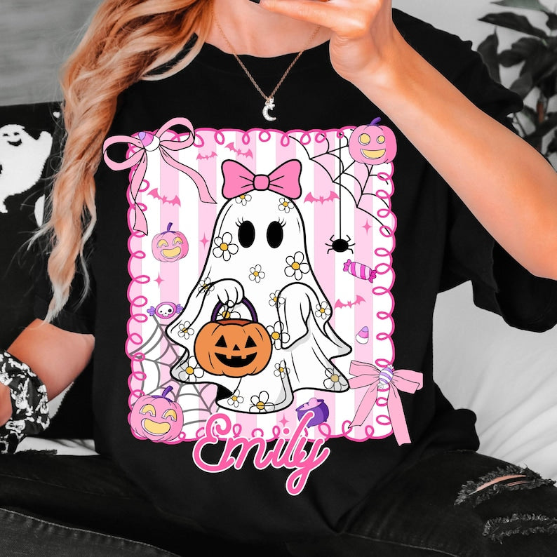 Personalized Halloween Kids Name Shirt, Halloween Ghost Pumpkin T-Shirt, Spooky Halloween Kids Shirt , Halloween Pumpkin Coquette Bow Shirt